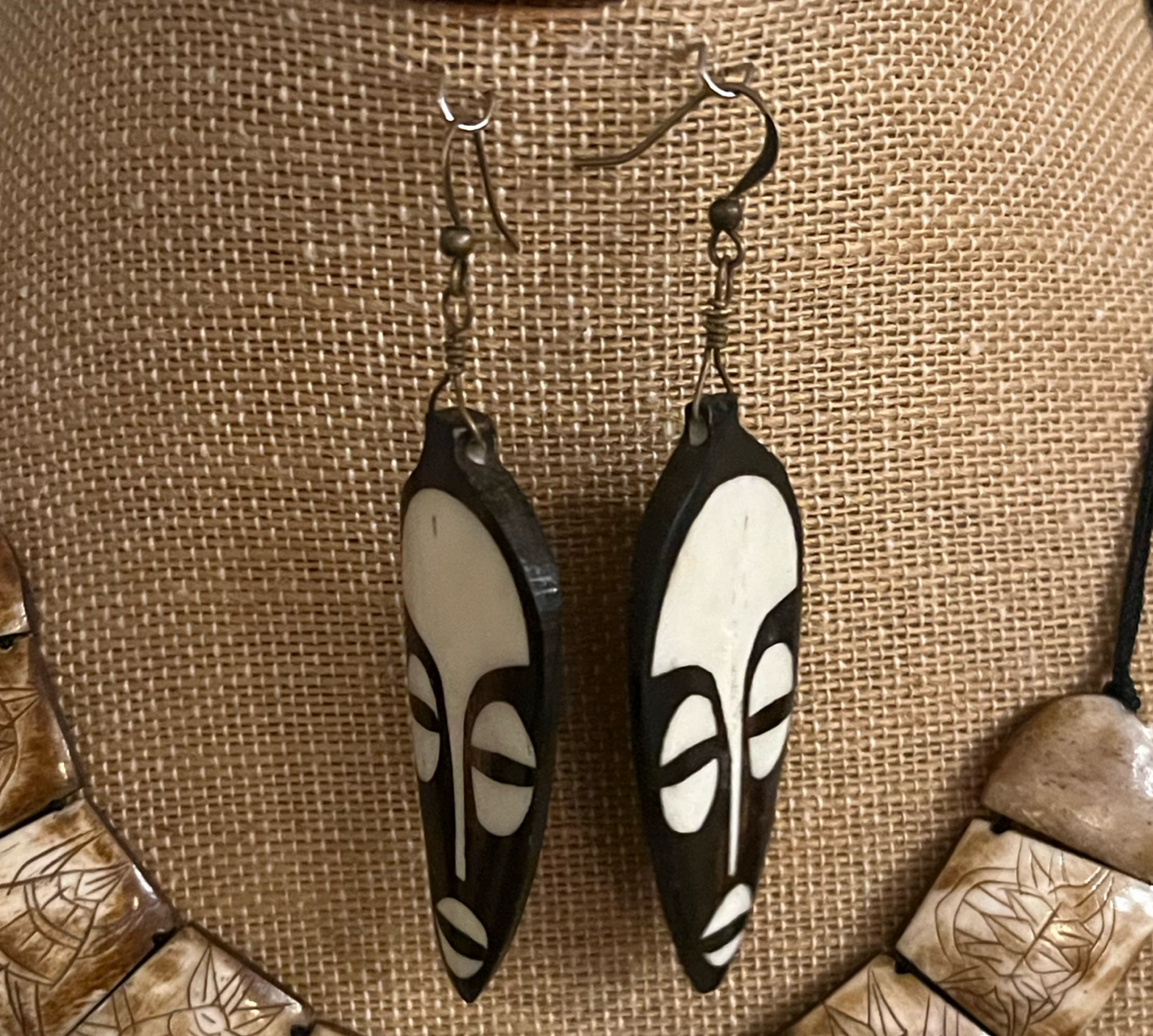 Wooden Tribal Ebony and Ivory Mask Earrings with Brass Ear Wires - 1 1/2 Inches