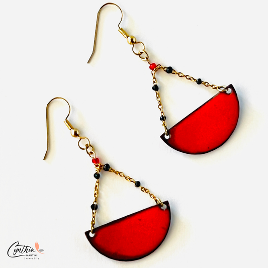 Bold and feminine red earrings that make a confident statement, measuring 1.5 inches in length and 1.25 inches in width.