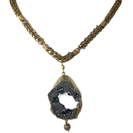 Elegant Vermeil Crusted Geode Pendant on 17" Byzantine Brass Necklace with Crystal Accent Bead
