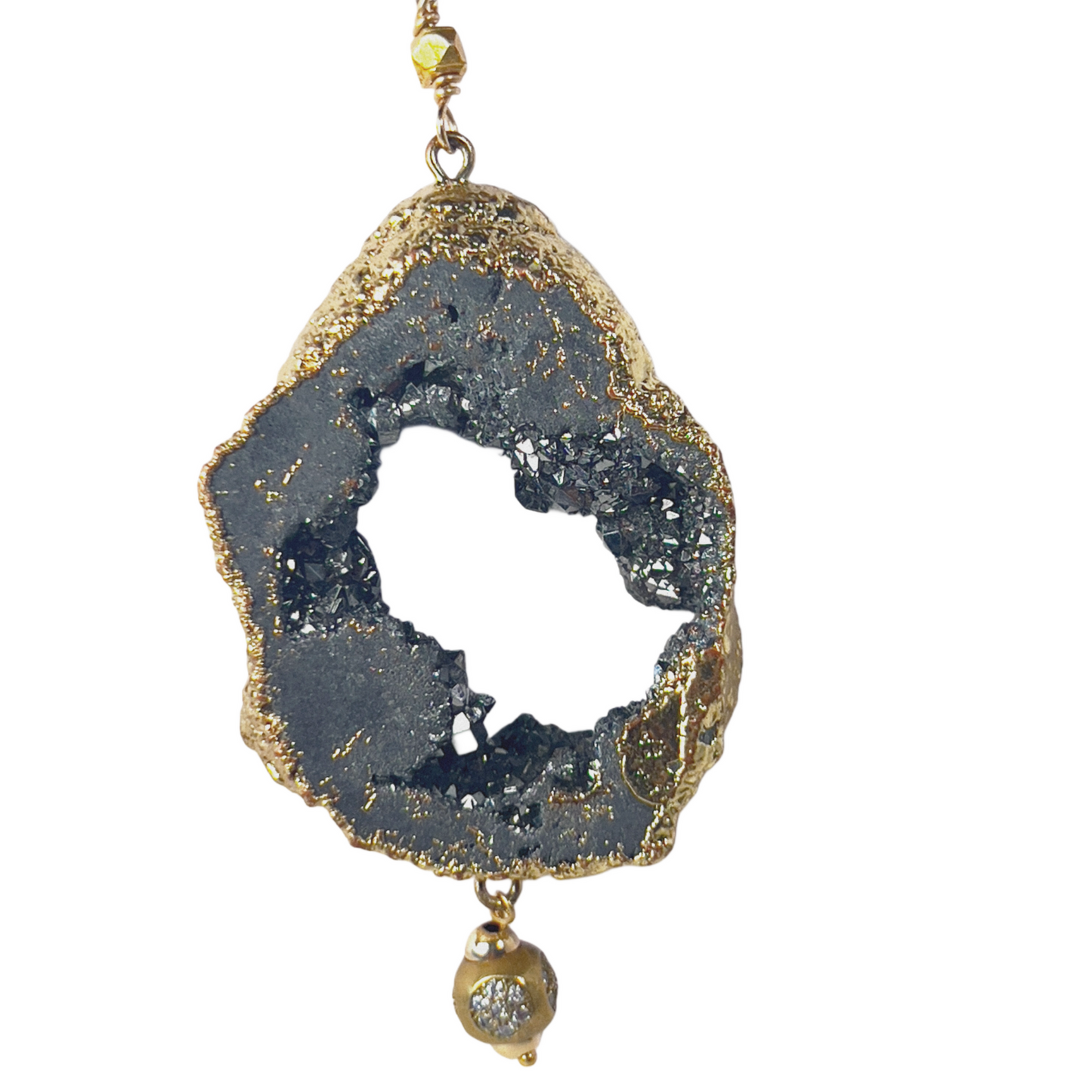 Elegant Vermeil Crusted Geode Pendant on 17" Byzantine Brass Necklace with Crystal Accent Bead
