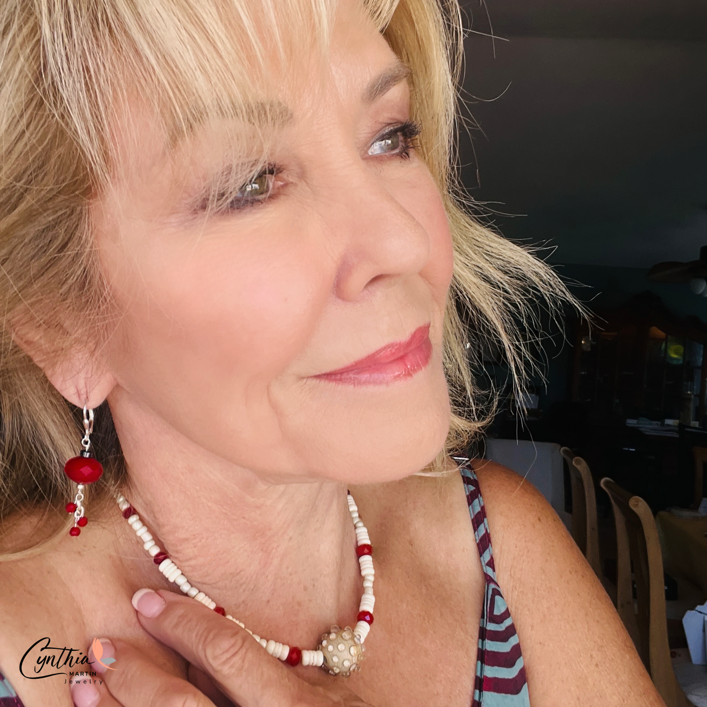 Hand-crafted ceramic bead necklace with glossy white beads, ruby-red rondelles, and white bone heishi beads, 15 inches with 2-inch extender.