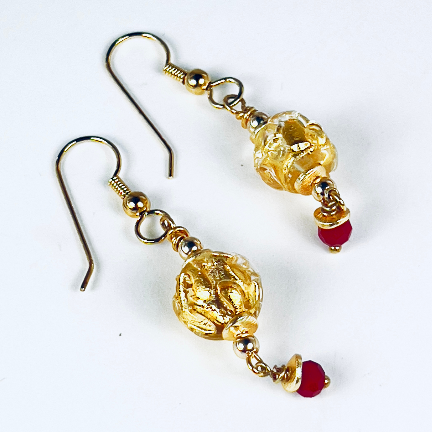 Gold Foiled Murano Round Beads on Gold Chain with Chic Red Bead Dangle