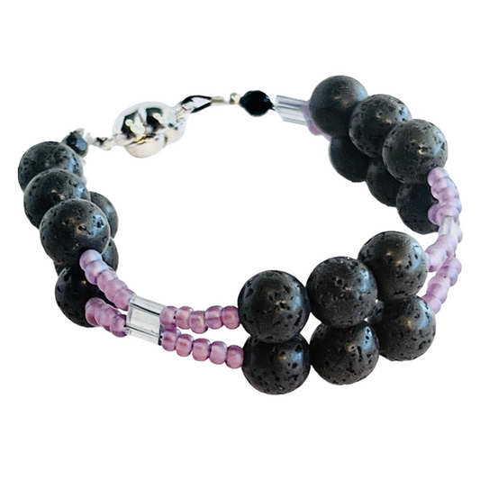 Double-Strand Gemstone Bracelet: Black Lava Rock and Purple Seed Beads