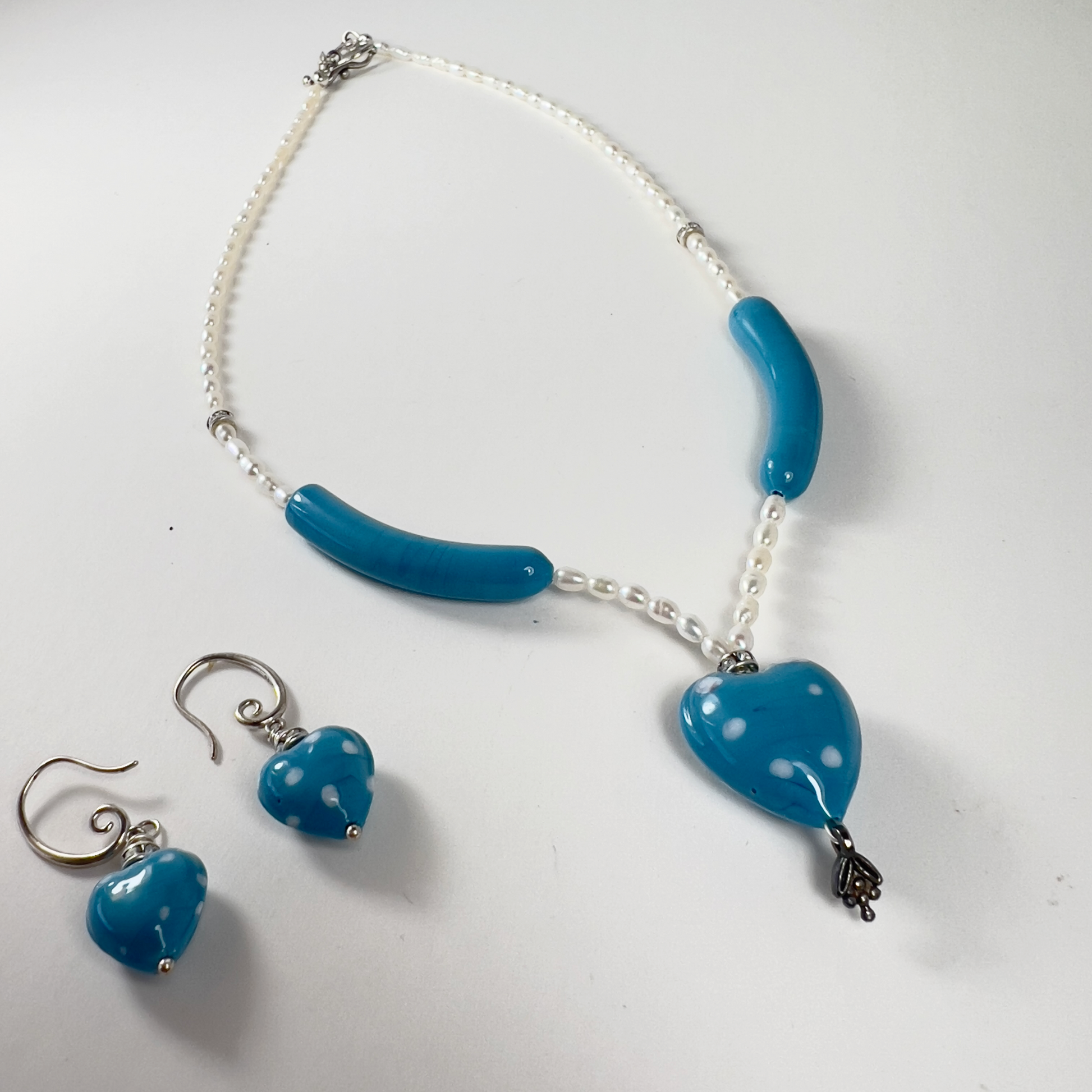 Hand-Blown Porcelain Blue Polka Dot Hearts with Sterling Silver Teardrops