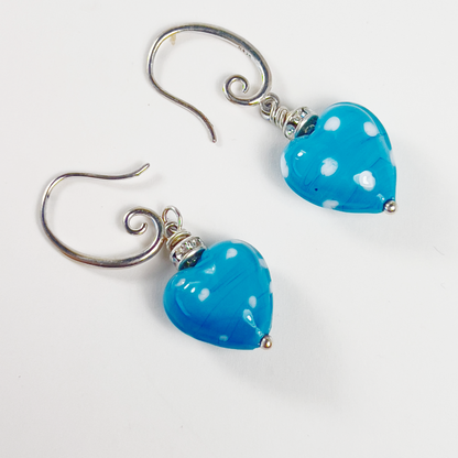 Hand-Blown Porcelain Blue Polka Dot Hearts with Sterling Silver Teardrops