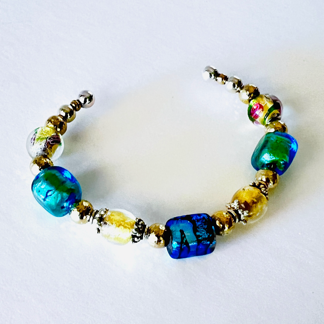 Blue and Gold Foiled Bead Cuff Bracelet