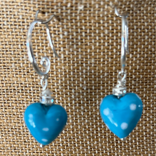 Hand-Blown Porcelain Blue Polka Dot Hearts with Sterling Silver Teardrops