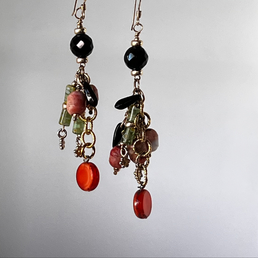 Glamorous Gold, Coral, Peridot, and Black Gemstone Statement Earrings with Dangle Design