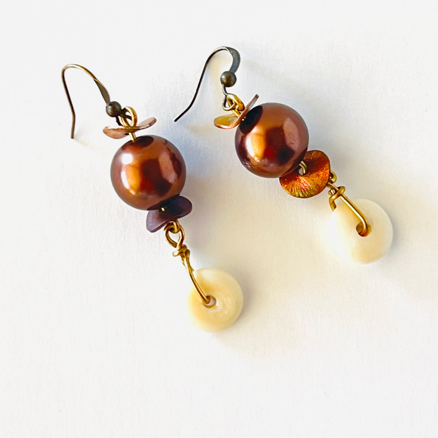 Chunky Brass Bead Earrings with White Horn Slice - Brass Bones