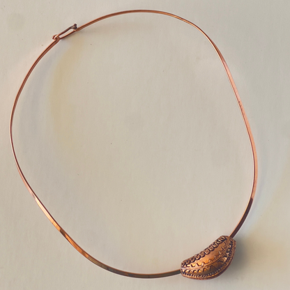 Shiny copper collar necklace with a pendant, perfect for enhancing pendants in royal blue, emerald green, fuchsia, and turquoise. Lies right on the collarbone at 15-16 inches.