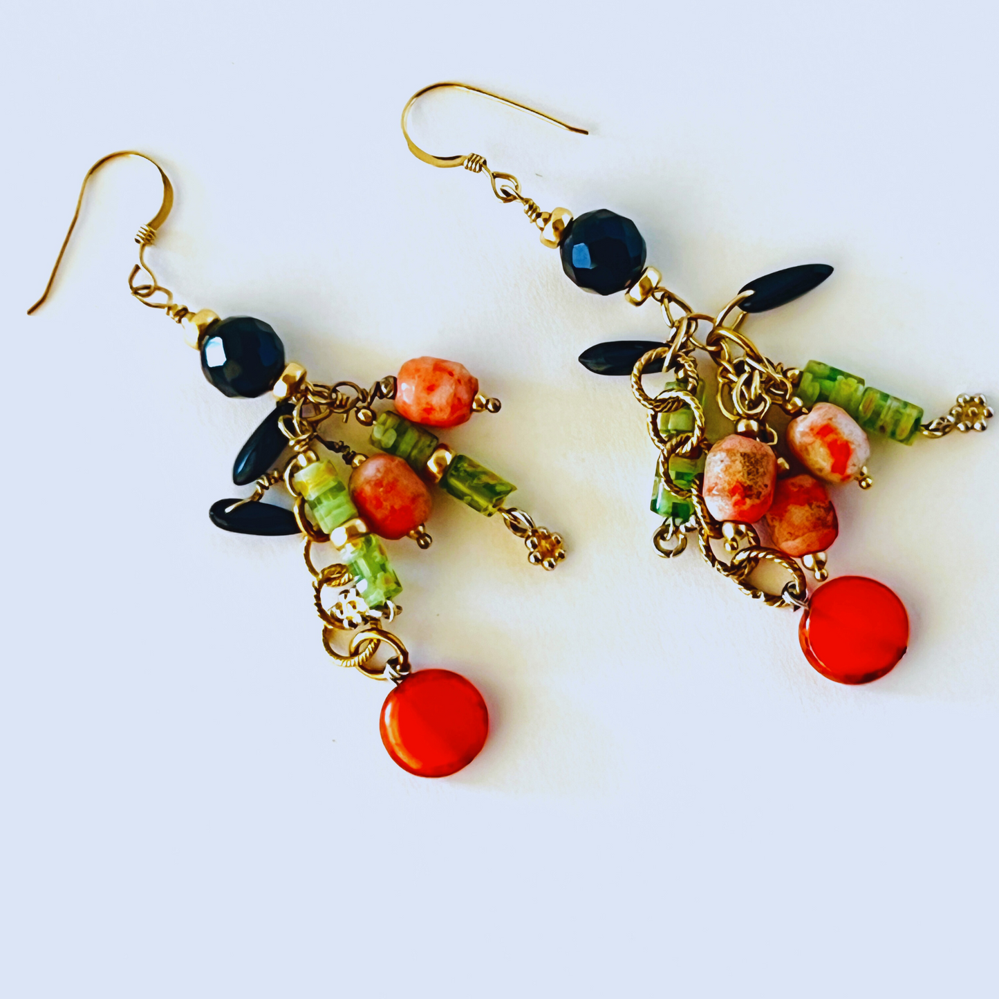 Glamorous Gold, Coral, Peridot, and Black Gemstone Statement Earrings with Dangle Design