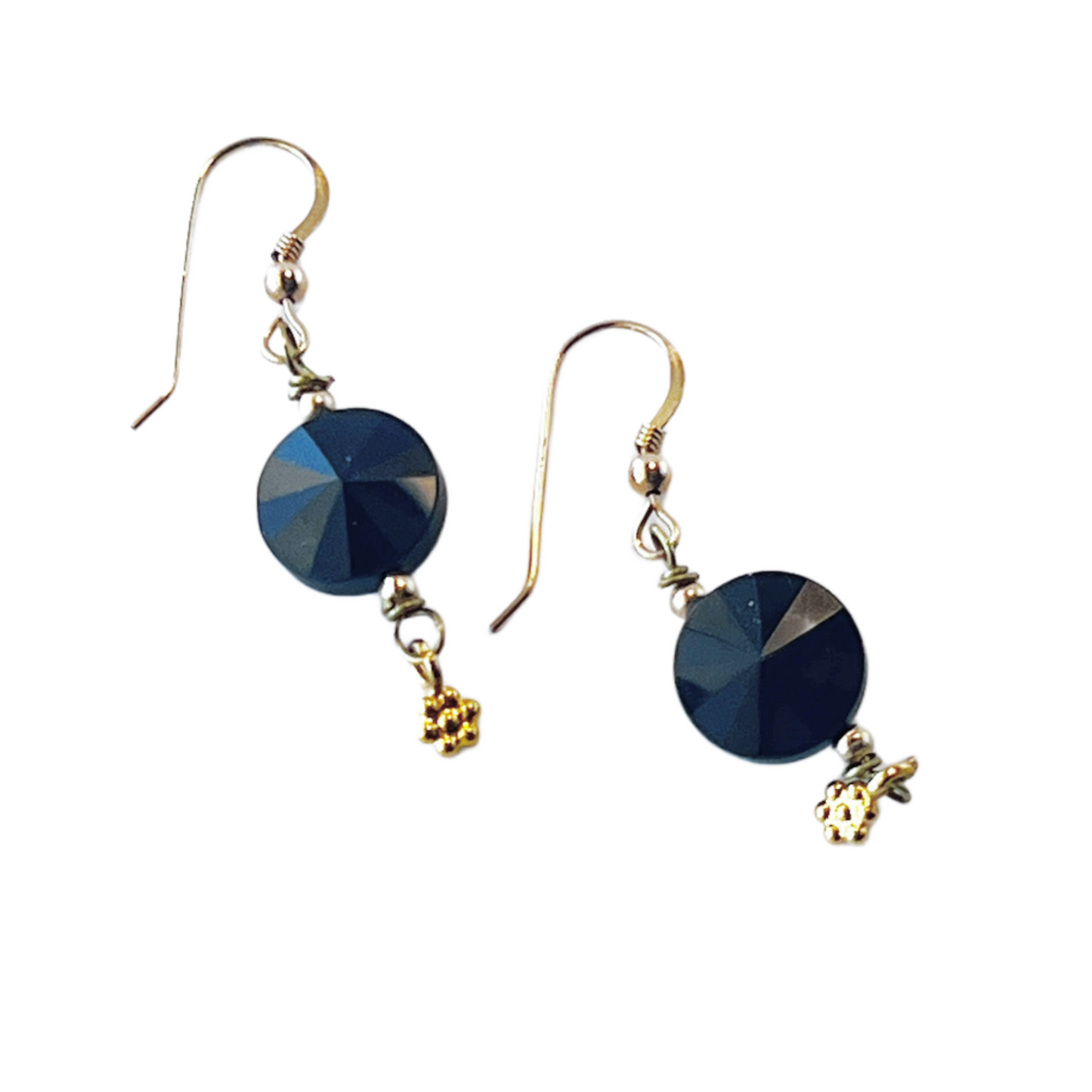 Murano Black Faceted Beads with Gold Ear Wires and Dangle - Ideal for Murano Etched Art Piece Necklace (1 inch)