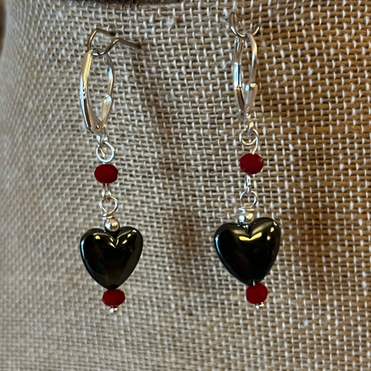 Hematite Hearts and Red Crystal Dangle Earrings - 1 1/4 Inches