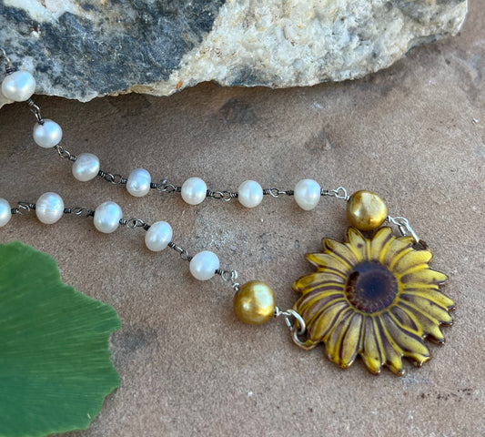Enamel Yellow Daisy Pendant Necklace with Gold and White Pearls - 16 Inches