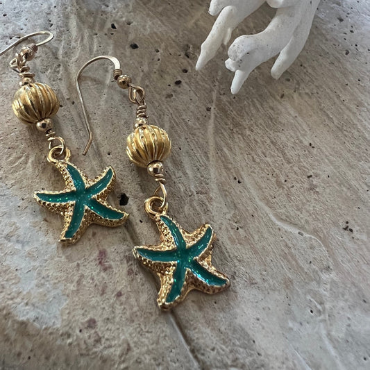 Gold Starfish and Turquoise Enamel Filled Charms on Gold-Filled Beaded Earrings