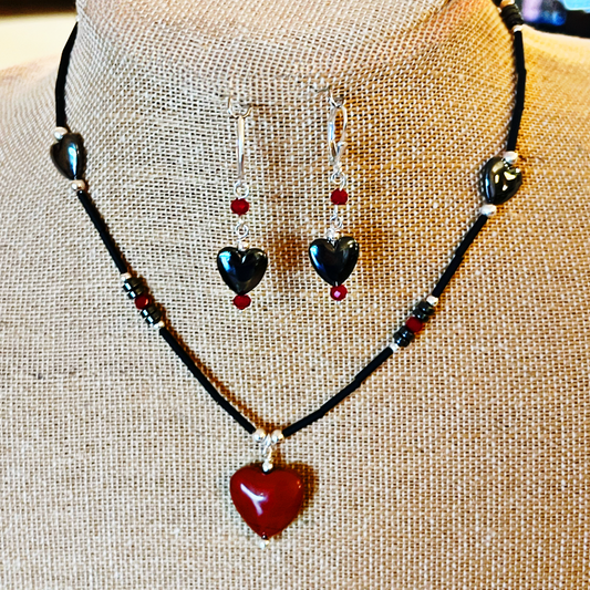 Shiny Red and Hematite Hearts "I Love You" Necklace - 17 Inches