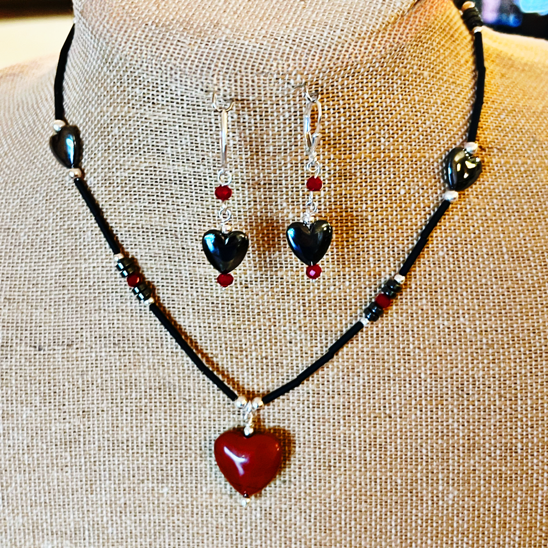 Hematite Hearts and Red Crystal Dangle Earrings - 1 1/4 Inches