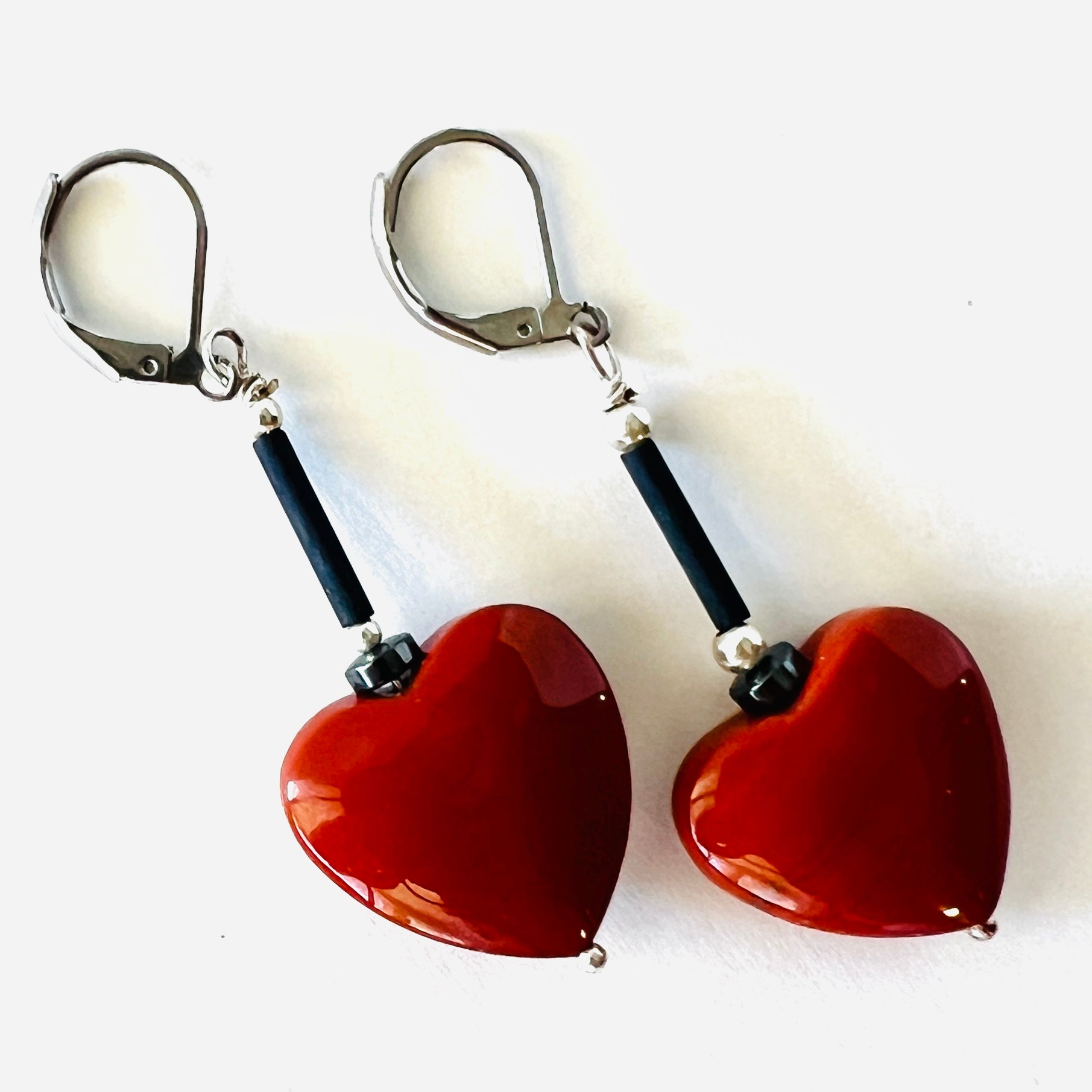 Shiny Red Heart Dangle Earrings - 1 1/2 Inches