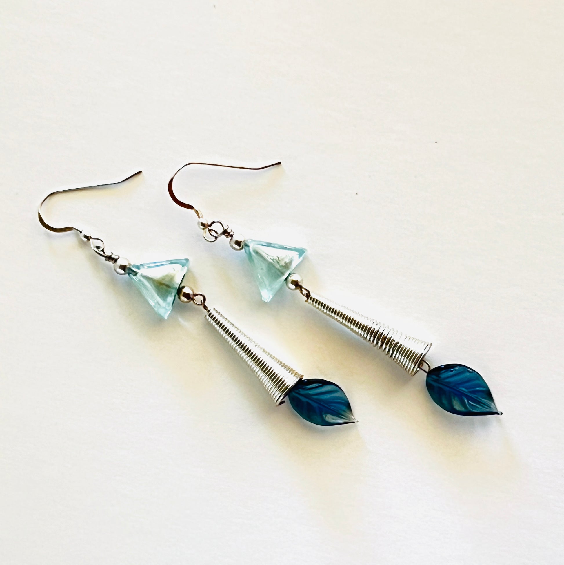 Exquisite Ice Blue Italian Murano Glass Earrings with Silver Cones and Leaves