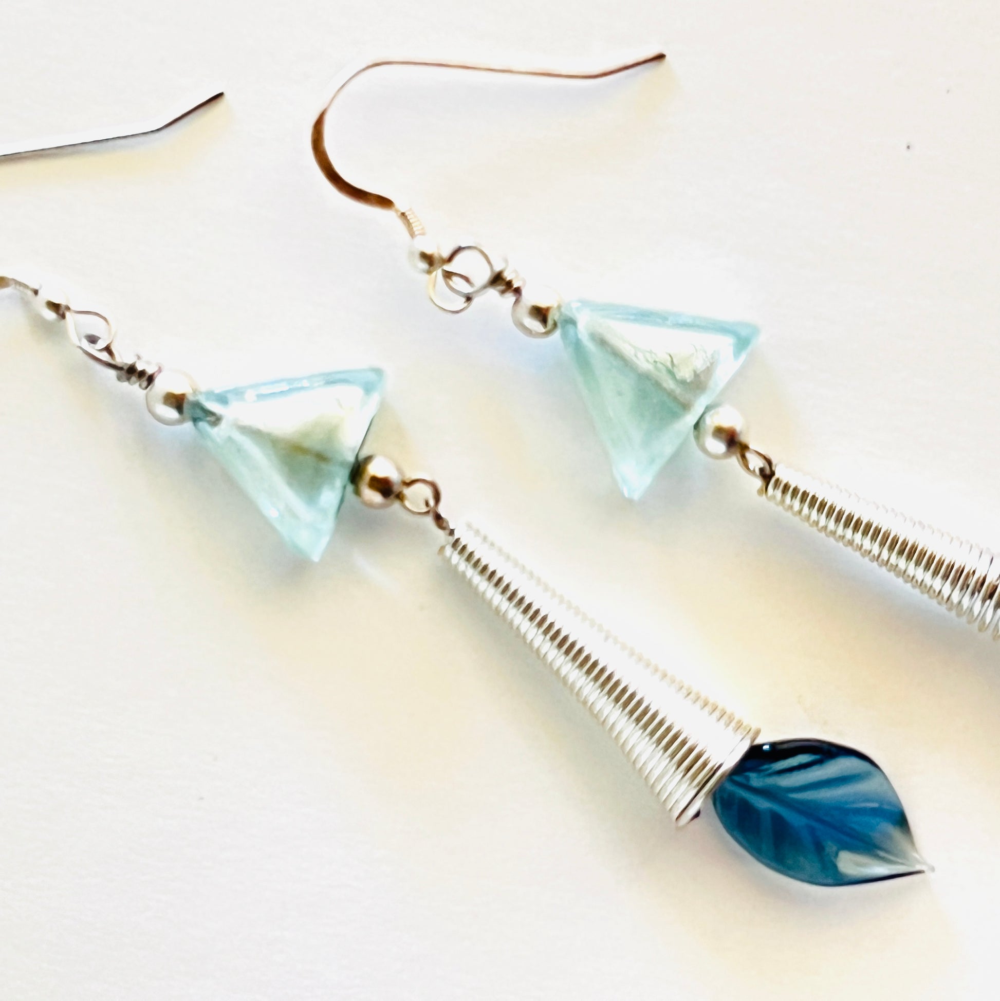 Exquisite Ice Blue Italian Murano Glass Earrings with Silver Cones and Leaves