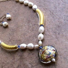 Murano Venetian Pendant Necklace with Gold Foiled Tubes, Cultured Pearls, and Swarovski Crystals