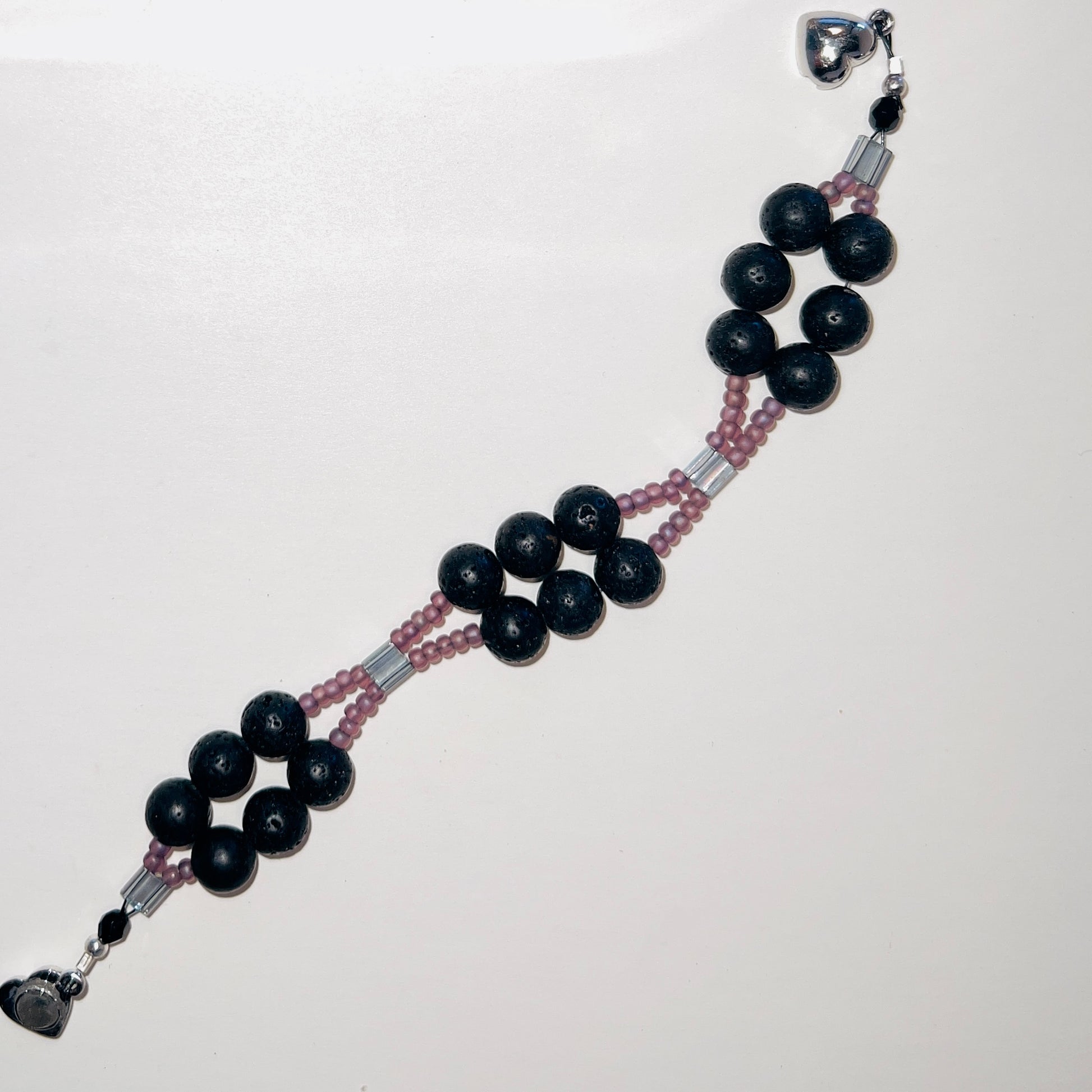 Double-Strand Gemstone Bracelet: Black Lava Rock and Purple Seed Beads