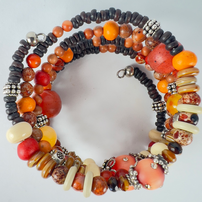 brown and orange toned 5 wrap-around bracelet with crystaled sienna cat-eye beads, shiny cream rondelles, brown agates, earth tones, dark seed beads, and sterling silver bead caps.