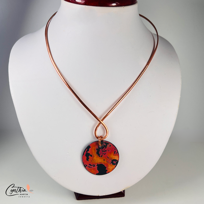 Large antiqued copper medallion treated with borax and salt on an 18-inch stylish copper collar necklace. Handcrafted for elegance and natural beauty.