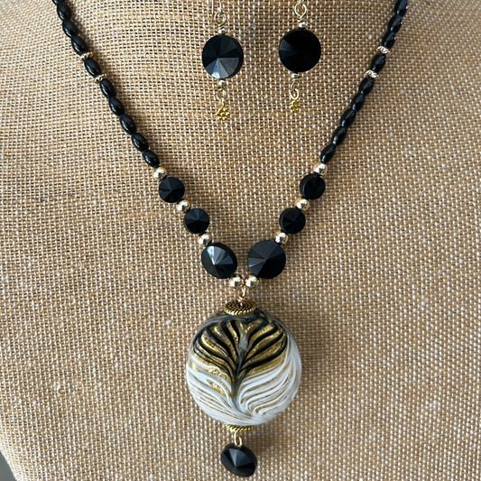 Italian Murano Glass Focal Bead Necklace - Feathered Gold, Black, and White Design