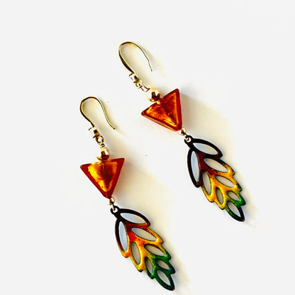 Enchanting Fall Earrings: Enameled Leaves, Murano Glass Beads, Sterling Silver Elegance