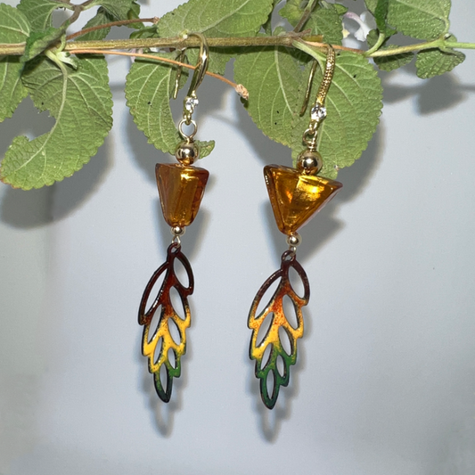 Enchanting Fall Earrings: Enameled Leaves, Murano Glass Beads, Sterling Silver Elegance