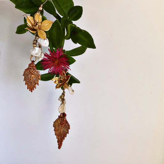 Elegant Autumn Leaves and Pearls Earrings - Gold and Copper Hues with Gold Vermeil Accents