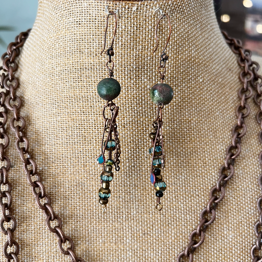 Raku-Inspired Rusty Bead Earrings with Bronze Chain and Turquoise Chandelier Beads