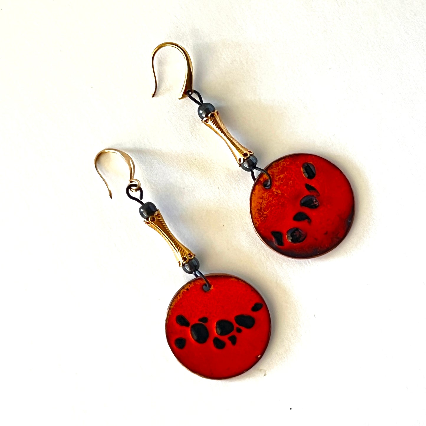 Red enamel earrings with gold-filled tubes and ear wires