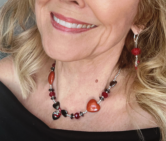 Elegant Heart Necklace with Multi-faceted Ruby Gemstones and Silver Beads - 16 1/2 Inches
