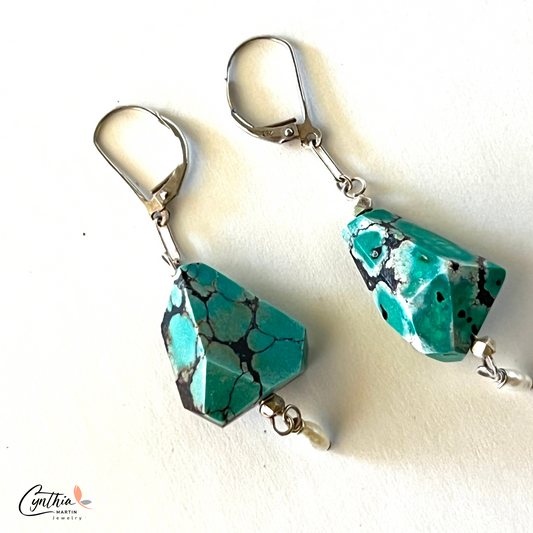 Sliced turquoise nugget earrings with pearl accents and sterling silver French ear wires.