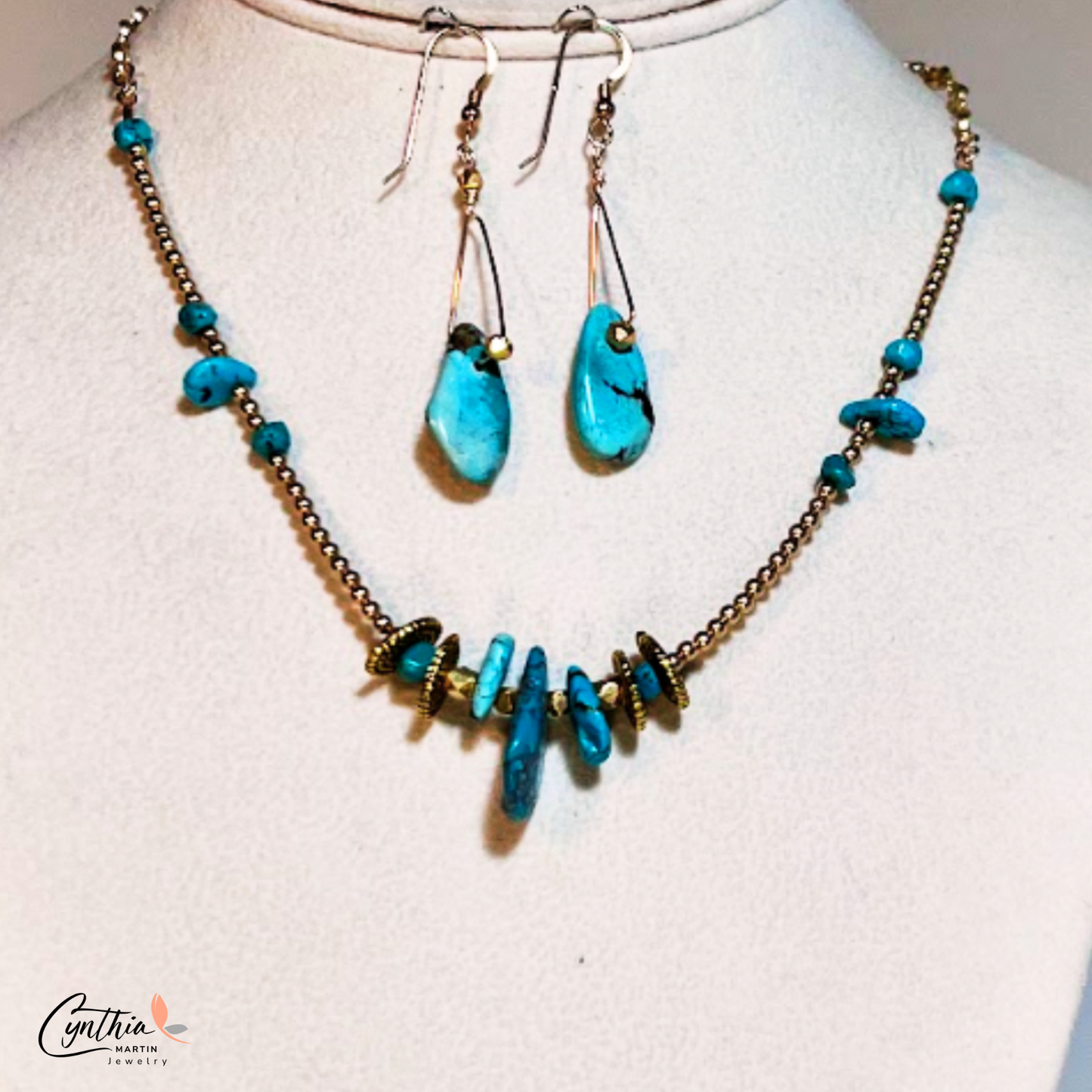 Graduated sizes of authentic turquoise with gold spacers and chains necklace.