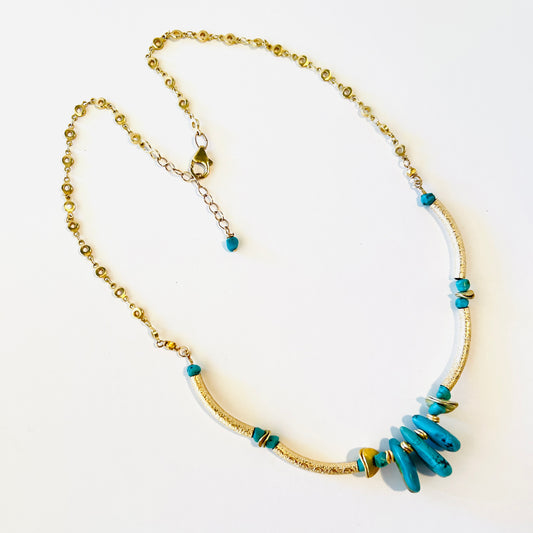 Turquoise and Gold Etched Tubing Necklace