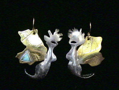 Gold and Sterling Silver Surreal Butterfly Earrings with Textured Wings and Turquoise Stone Settings