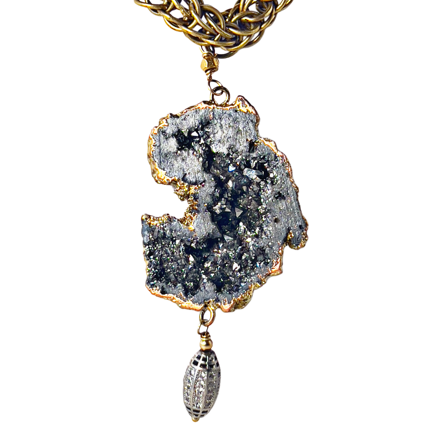 Vermeil-crusted geode pendant on a 17-inch Byzantine-style brass necklace with an accent bead featuring crystal inlay.