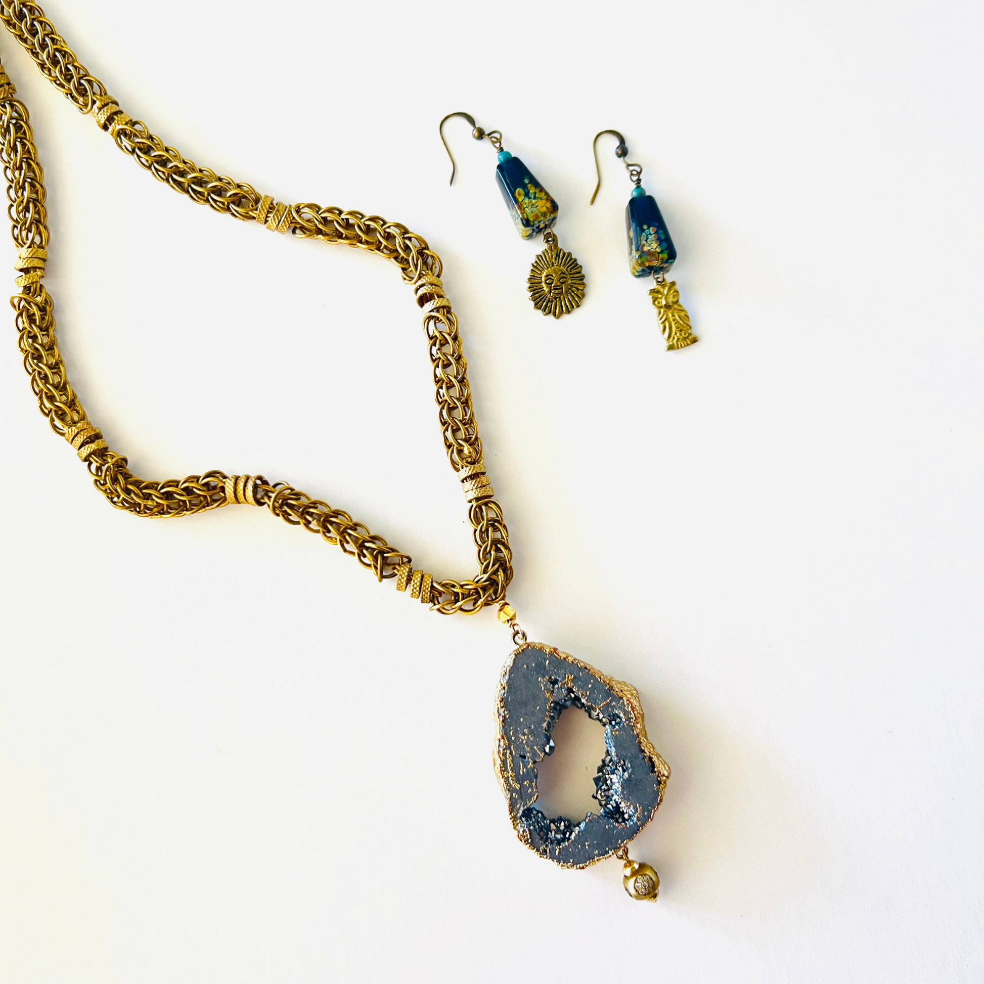 Elegant Vermeil Crusted Geode Pendant on 17" Byzantine Brass Necklace with Crystal Accent Bead