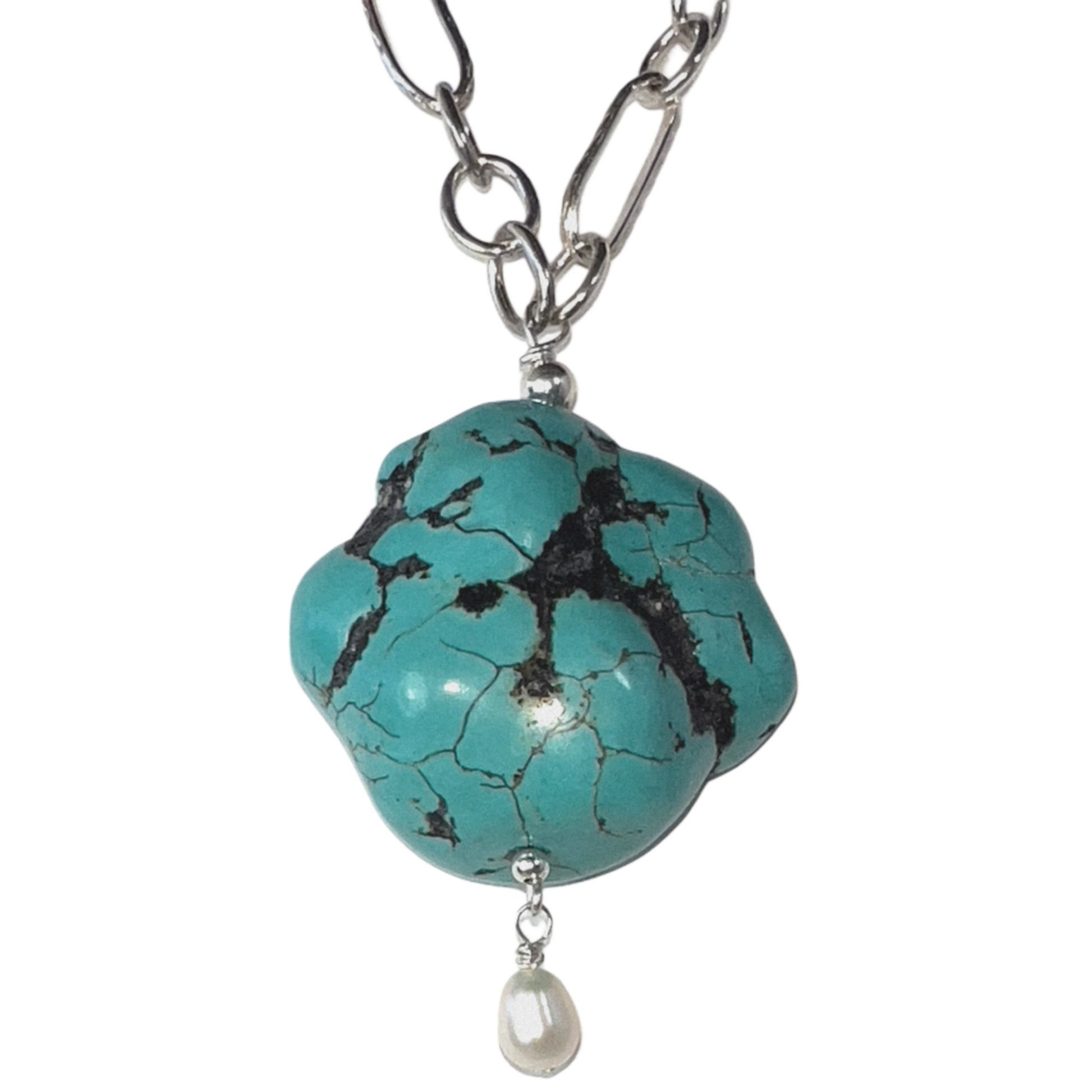 Big link chain necklace with a smooth, marbled turquoise chunk, perfect for wearing over a sweater or crew neck pullover.