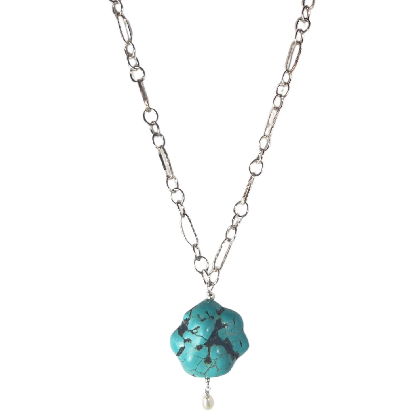 Big link chain necklace with a smooth, marbled turquoise chunk, perfect for wearing over a sweater or crew neck pullover.